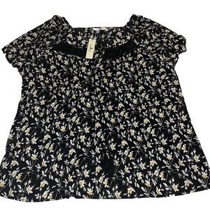 NWT Agnes Orinda 4x Women's Floral Pattern Top Black Gold White w Fringe Ties